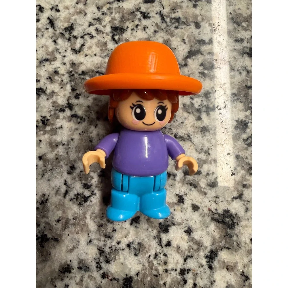 LEGO Duplo Girl Figure Orange Sun Hat Purple Shirt Blue Pants Minifigure